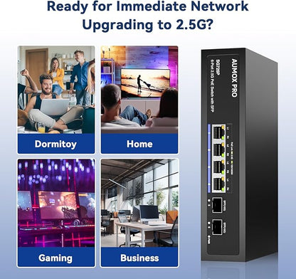 6 Port 2.5G PoE Switch,AUMOX PRO 4 Port 2.5G Network Unmanaged Switch with 2x10G SFP Gigabit Ethernet Unmanaged PoE Switch 75W,Compatible with 100/1000/2500Mbps Plug and Play