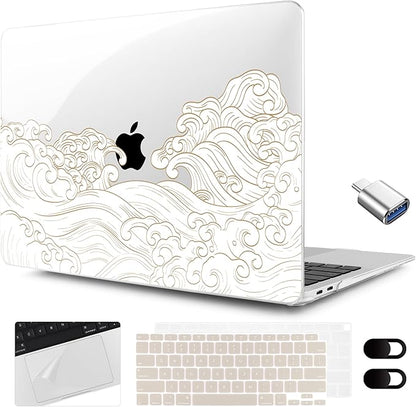 MEEgoodo for MacBook Air 13.3 inch Case 2021 2020 2019 2018 A2337 M1 A2179 A1932, Laptop Shell with Keyboard Webcam Cover & Trackpad Film & Type C Adapter for MacBook Air M1, Hand Drawn Wave