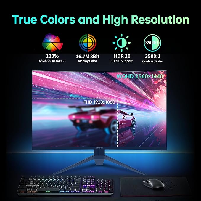 KTC 32 inch Curved Gaming Monitor, 180Hz 1ms MPRT, 2K 1440P 144Hz Monitor, 1500R HVA Display, Adaptive Sync, HDR, 120% sRGB, DisplayPort HDMI, Vesa Support 3.9x3.9'', PC Moniter for Gamers