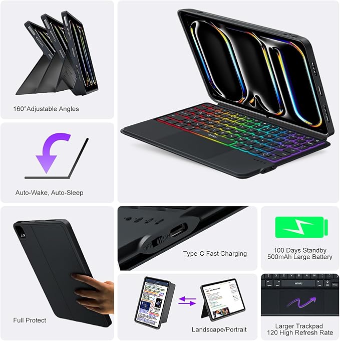 iPad Pro 13 inch Case with Keyboard (M5 2025, M4 2024), Flex Magnetic Detachable Backlit Keyboard Case, Larger Multi-Trackpad, Landscape/Portrait, 160° Adjustable Stand, Slim Protective Case (Black)