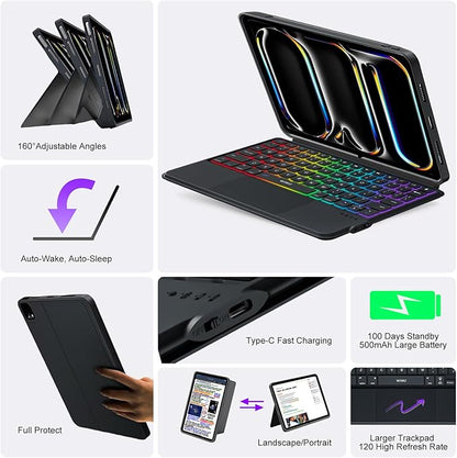 iPad Pro 13 inch Case with Keyboard (M5 2025, M4 2024), Flex Magnetic Detachable Backlit Keyboard Case, Larger Multi-Trackpad, Landscape/Portrait, 160° Adjustable Stand, Slim Protective Case (Black)