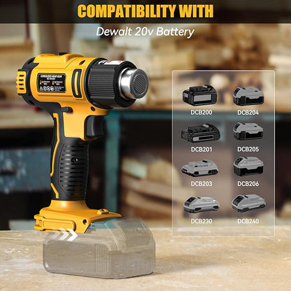 LIVOWALNY Cordless Heat Gun Compatible with Dewalt 20v Battery, 350W Fast Heating Soldering Hot Air Gun 122℉-1022℉ Variable Temperature Control with 5 Nozzles for DIY Craft, Shrink Tubing (No Battery)