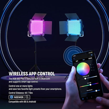 NEEWER Upgraded RGB LED Studio Video Light with Tripod Stand, App Control 50W 7000Lx CRI97+ 3200-5600K Dimmable Panel Key Lighting Kit for Game Streaming YouTube Recording Photography, RGB660 PRO II