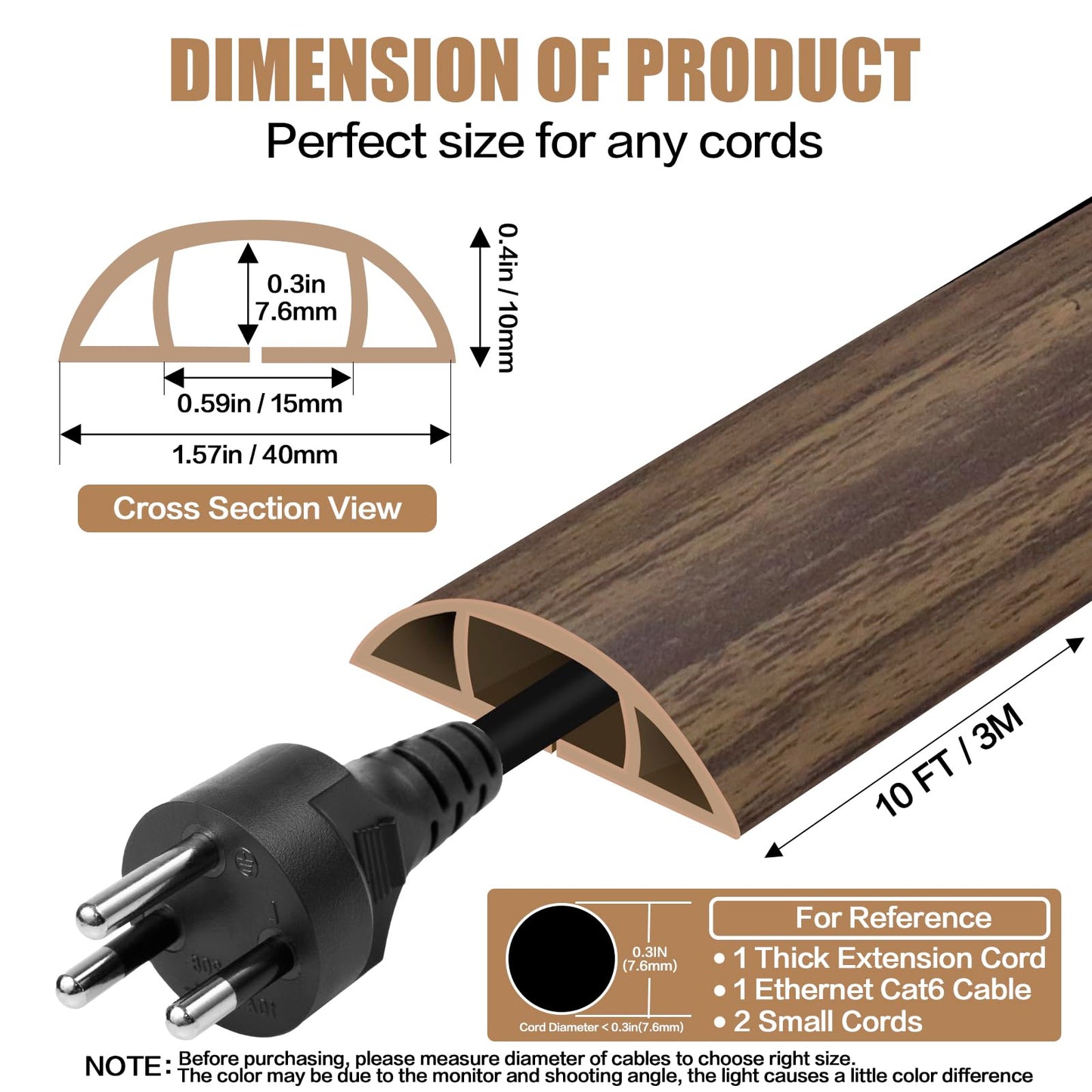 Floor Cord Cover Self Adhesive Cord Hider,10FT Cable Management, Extension Strip Protector for Wires, Prevent Cable Trips for Offices, Gyms, Exhibitions Cavity:0.51"(W) x 0.3"(H) Wood Walnut