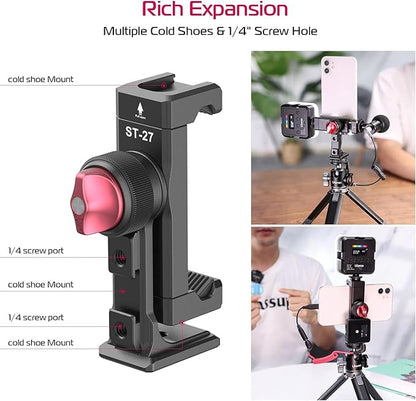 Metal Phone Tripod Mount 3 Cold Shoes & Arca Port, 360° Smartphone Tripod Adapter for iPhone Samsung Cell Phone Stand Holder for Desktop Video Live Streaming Vlogging Rig