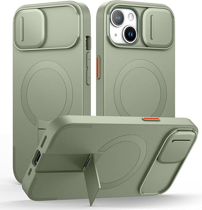 SURITCH for iPhone 15 Case with Magnetic Camera Slide Cover and Adjustable Kickstand, Compatible with MagSafe, Shockproof Bumper Case Slim Protective Cover 6.1 Inch, Green