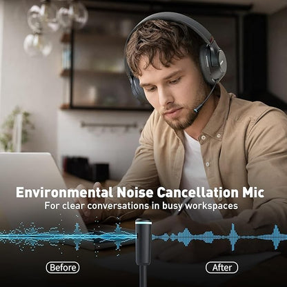 H300 Wireless Headphones Bluetooth with Microphone, Over Ear Headsets with USB Dongle & Mute, Environmental Noise Cancelling Retractable Mic for Work Office Meeting Laptop Computer (Black)
