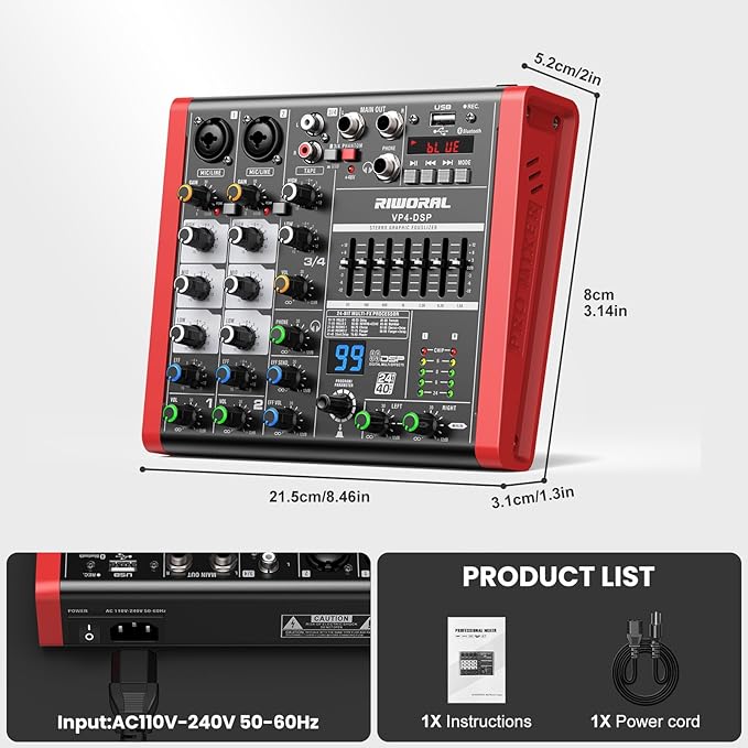 4 Channel Audio Interface DJ Mixer With 99 DSP Effects XLR 1/4 inch Jack For MIC/Musical Instrument USB PC Phone Bluetooth Music Audio Mixer for karaoke Stage Streaming Studio