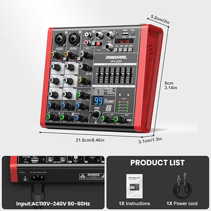 4 Channel Audio Interface DJ Mixer With 99 DSP Effects XLR 1/4 inch Jack For MIC/Musical Instrument USB PC Phone Bluetooth Music Audio Mixer for karaoke Stage Streaming Studio