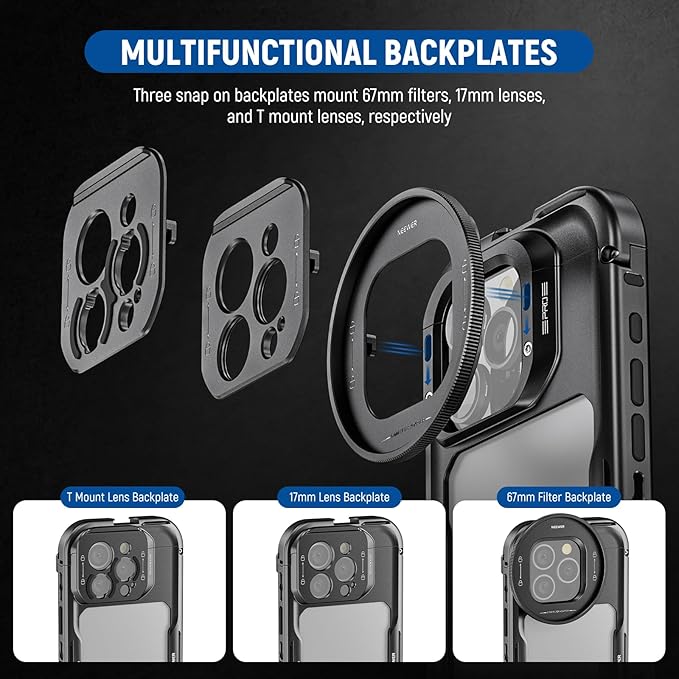 NEEWER 16 Pro Cage, Quick Release Video Rig Phone Stabilizer Compatible with iPhone 16 Pro with Adapters of 67mm Filter, 17mm Lens & T Mount Lens, Full Camera Control Access, PA073
