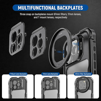 NEEWER 16 Pro Cage, Quick Release Video Rig Phone Stabilizer Compatible with iPhone 16 Pro with Adapters of 67mm Filter, 17mm Lens & T Mount Lens, Full Camera Control Access, PA073