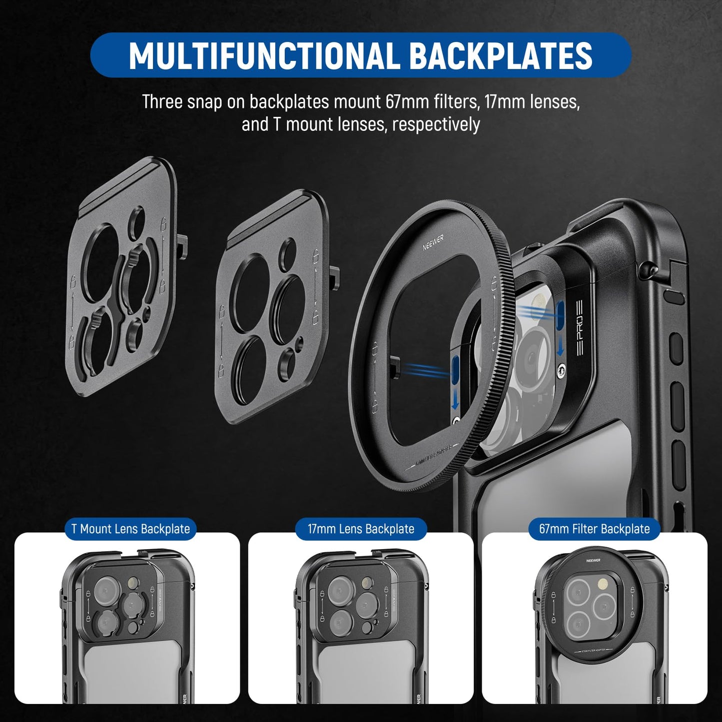 NEEWER 16 Pro Cage, Quick Release Video Rig Phone Stabilizer Compatible with iPhone 16 Pro with 67mm Filter Adapter, 17mm Lens Backplate, T Mount Lens Adapter Compatible with Moment, PA073
