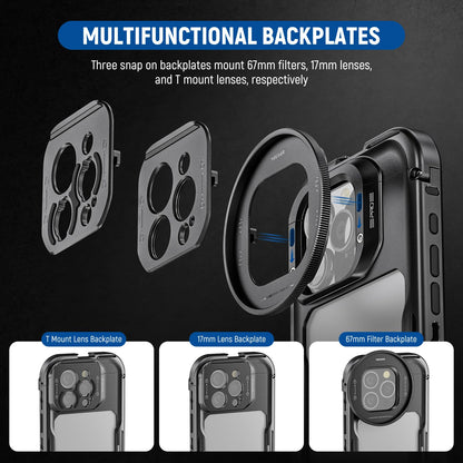 NEEWER 16 Pro Cage, Quick Release Video Rig Phone Stabilizer Compatible with iPhone 16 Pro with 67mm Filter Adapter, 17mm Lens Backplate, T Mount Lens Adapter Compatible with Moment, PA073