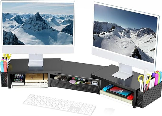 Spacrea Metal Desk Organizers and Accessories, Dual Monitor Stand Riser with Drawer and 2 Pen Holders, Book Racks, Desk Accessories & Workspace Desktop Organizers for Office Supplies (Black)