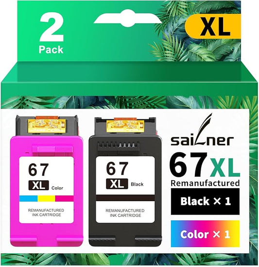SAILNER 67XL Ink Cartridges Black/Color Combo Pack Replacement for HP Ink 67 HP67XL (2-Pack High Yield) Compatible with HP DeskJet 2755e 2855e 2700e 4155e 2734e 2827e 4100e Envy 6055 6455e Printer