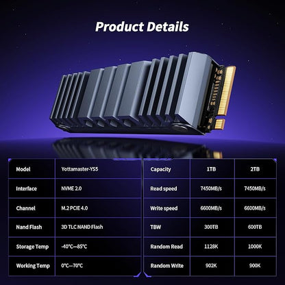 Yottamaster YS5 1TB SSD for PS5 Storage Expansion with Heatsink, M.2 PCIe 4.0 Gaming SSD Up to 7450MB/s, 3D NAND TLC, Internal Gaming Solid State Drive for PS5