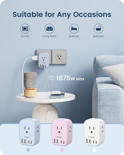 LENCENT Multi Plug Outlet Extender with USB C, 4 AC Electrical Outlet Expander with 4 USB Charger Cube, Small Multiple Wall Tap Plug Splitter for Home Office Travel Cruise Dorm Essentials- Blue