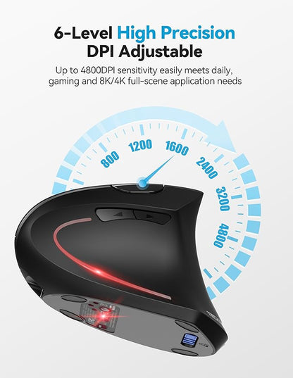 TECKNET Ergonomic Mouse with Jiggler, Bluetooth Wireless Vertical Mouse, 4800DPI Rechargeable Carpal Tunnel Mouse, Undetectable Random Movement Keeps Computers Awake for PC, Laptop