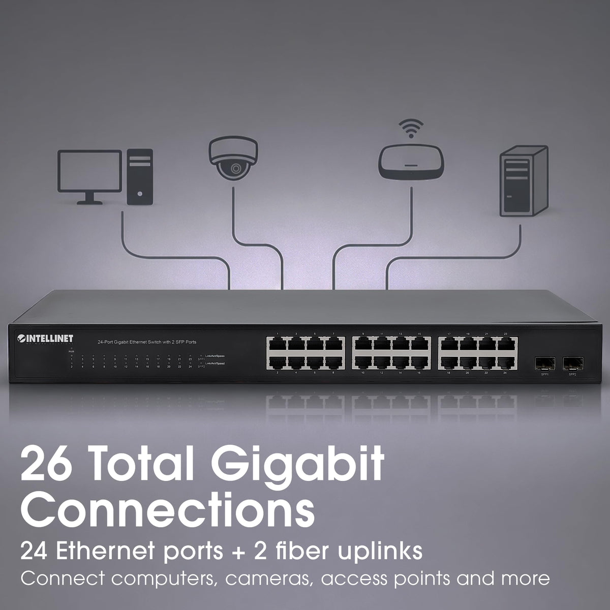 Intellinet 24-Port Gigabit Ethernet Switch, 2 SFP, Unmanaged Rackmount 1U