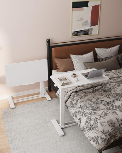 FLEXISPOT H7 PRO Mobile Standing Desk Adjustable Overbed Table Pneumatic with Wheels 90°Tiltable Portable Laptop Desk Rolling Computer Cart Foldable Bedside Table(27.6" W x 15.7" D, White)
