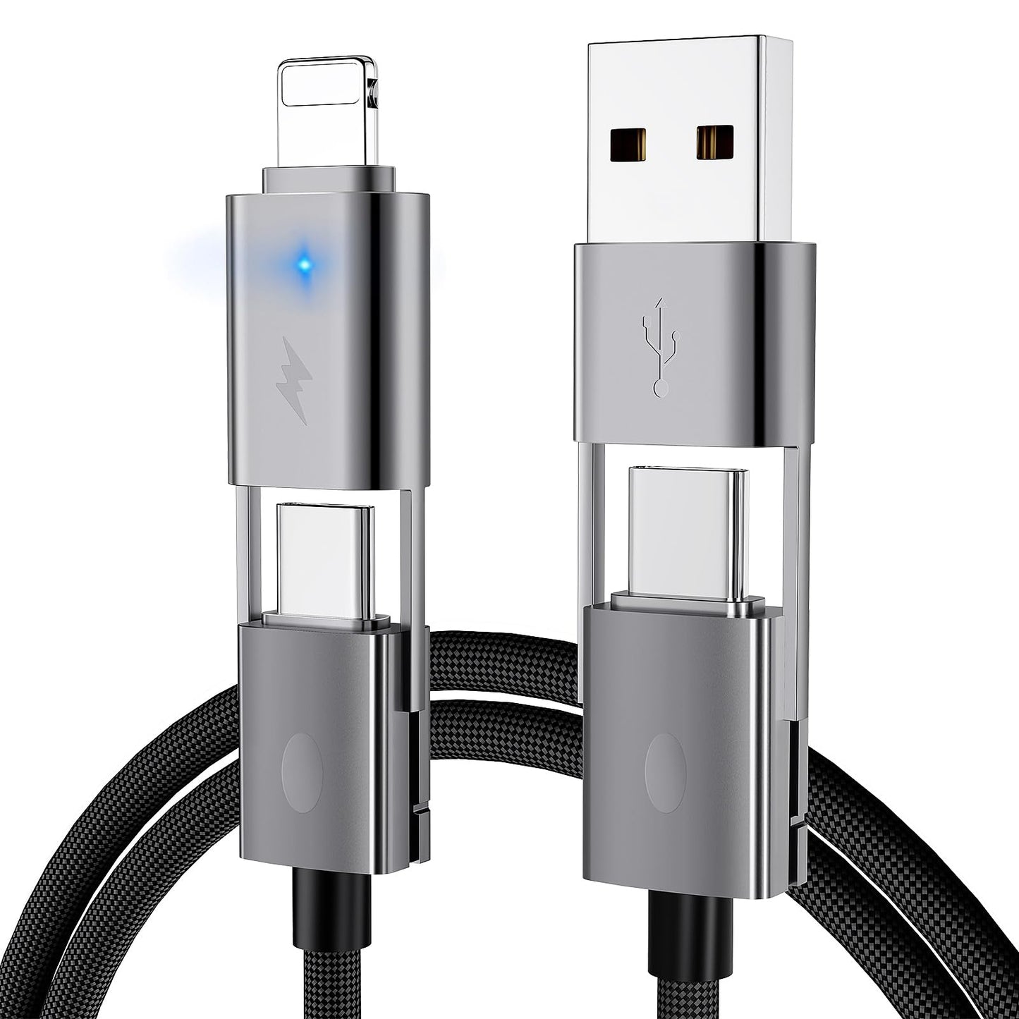 2Pack 4 in 1 USB C Cable Fast Charging PD 65W 27W Multi Charger Cord with Type C/USB A/L Port, 3FT Round Braided Dual USB-C Cable for iPhone 16 15 14 Pro Max/Samsung/i-Pad/MacBook