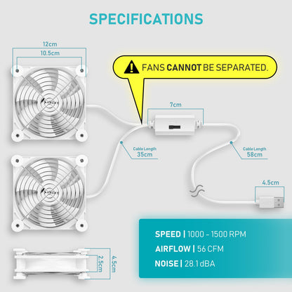 ANEXT, USB Fan, USB Computer Fan, Silent Fans for Receiver DVR PlayStation Xbox Computer, (80mm,White Dual Packs)