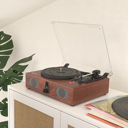 Amazon Basics Desktop Vinyl Record Player Turntable with Bluetooth Playback, Built-in Speakers, 3-Speed, Wireless Playback, Black