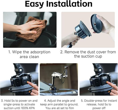 MOVMAX Blade Arm Solar Powered Electronic Suction Kit, Shock Absorber Arm Car Mount for DJI Pocket 3, GoPro Hero 13, 360 Action Cameras with Auto Pressure Detection & LCD Display, Pocket 3 Accessories