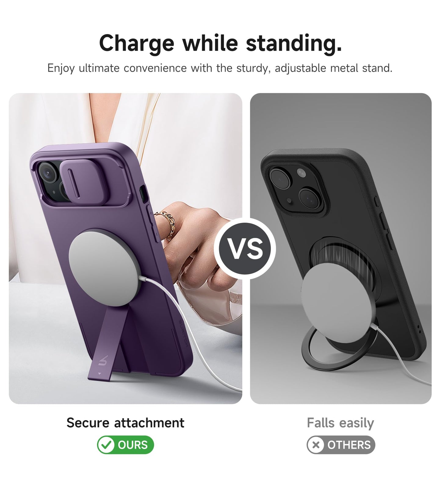 SURITCH for iPhone 14 Plus/15 Plus Case with Magnetic Camera Slide Cover and Adjustable Kickstand, Compatible with MagSafe, Shockproof Bumper Case Slim Protective Cover 6.7 Inch, Dark Purple