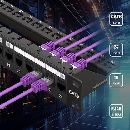 FGB 10Gbps Patch Panel 24 Port, Cat6 Keystone Patch Panel, 19" Rackmount or Wall Mount, 1U with Back Bar, Network Patch Panel for Gigabit Ethernet