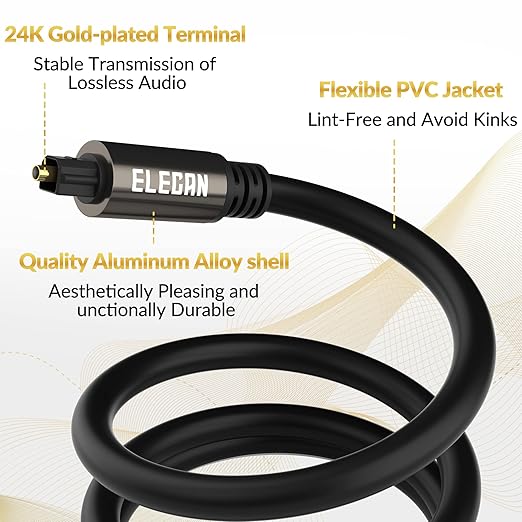 Elecan Optical Audio Cable 75 Ft Digital Audio Toslink Cable Cord-Fiber Optic-Gold Plated-Flexiable&Durable-for Home Theater,Sound Bar,PS4&Xbox-with 4 Right Angled and Mini Toslink Adapters+Ties
