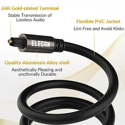 Elecan Optical Audio Cable 25 Ft Digital Audio Toslink Cable Cord-Fiber Optic-Gold Plated-Flexiable&Durable-for Home Theater,Sound Bar,PS4&Xbox-with 4 Right Angled and Mini Toslink Adapters+Ties