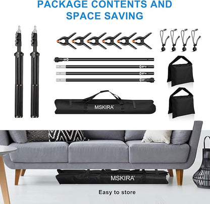 10 x 6.9 Ft Photo Backdrop Support Stand, MSKIRA Adjustable Background Stand, Backdrop Support System Kit for Parties Screen Back Drops Events Decoration, with 6 Clamps, 4 Clips, 2 Sandbags, Carry Bag
