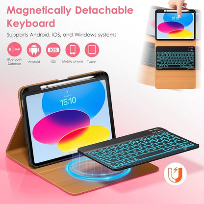 DTTO for iPad 11th (A16)/ 10th Generation Case with Keyboard (2025/2022), 7 Colors Backlit Wireless Detachable Keyboard Leather Folio Cover with Pencil Holder & Pocket, Rose Red A2