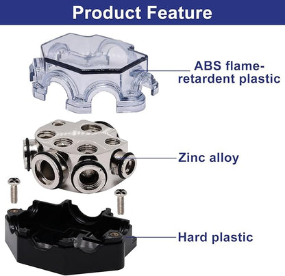 2pc Power Distribution Block Car Audio 1 in 5 Ways Out Car Audio Distributions Block 0 Gauge Input 2/4/8 Gauge Out Ground Cable Splitter Distribution Blocks for Automotive
