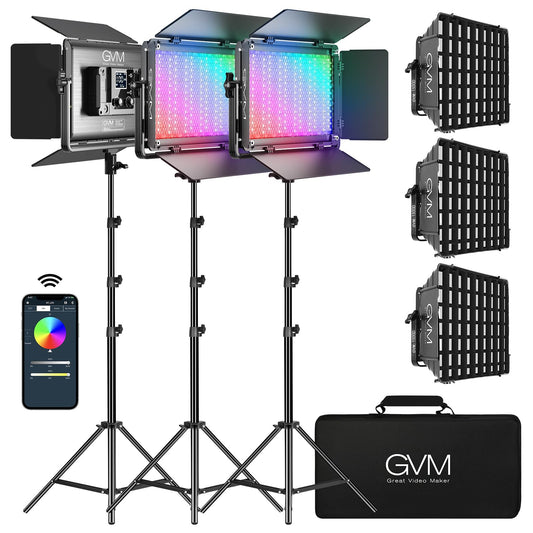 GVM 1300D RGB Video Light Kit with Softbox & Stands, 65W Photography Light with Bluetooth Control, 3 Packs Led Panel Lights for Studio YouTube, Streaming, Web Conference, Interview, 25000Lux/0.5m