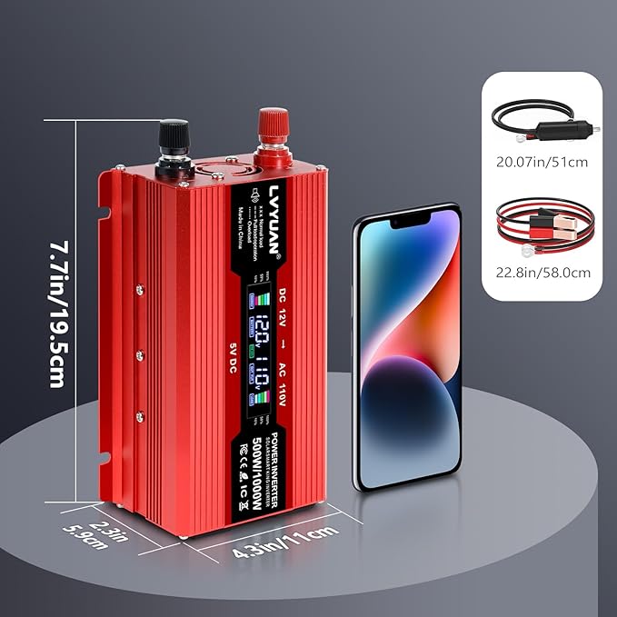 LVYUAN 500W Car Power Inverter 12V to 110V DC to AC with 2 US Sockets, Cigarette Lighter, LCD Display, USB Ports for Car, Home,Outdoor, Camping