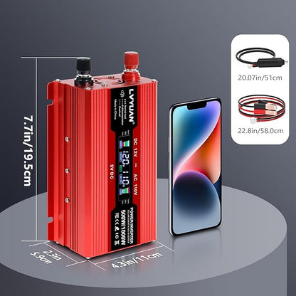 LVYUAN 500W Car Power Inverter 12V to 110V DC to AC with 2 US Sockets, Cigarette Lighter, LCD Display, USB Ports for Car, Home,Outdoor, Camping