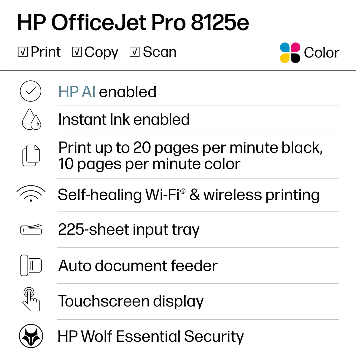 HP OfficeJet Pro 8125e Wireless All-in-One Color Inkjet Printer, Print, scan, Copy, ADF, Duplex Printing Best-for-Home Office, 3 Month Instant Ink Trial Included, AI-Enabled (405T6A)