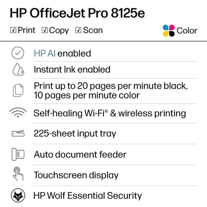 HP OfficeJet Pro 8125e Wireless All-in-One Color Inkjet Printer, Print, scan, Copy, ADF, Duplex Printing Best-for-Home Office, 3 Month Instant Ink Trial Included, AI-Enabled (405T6A)