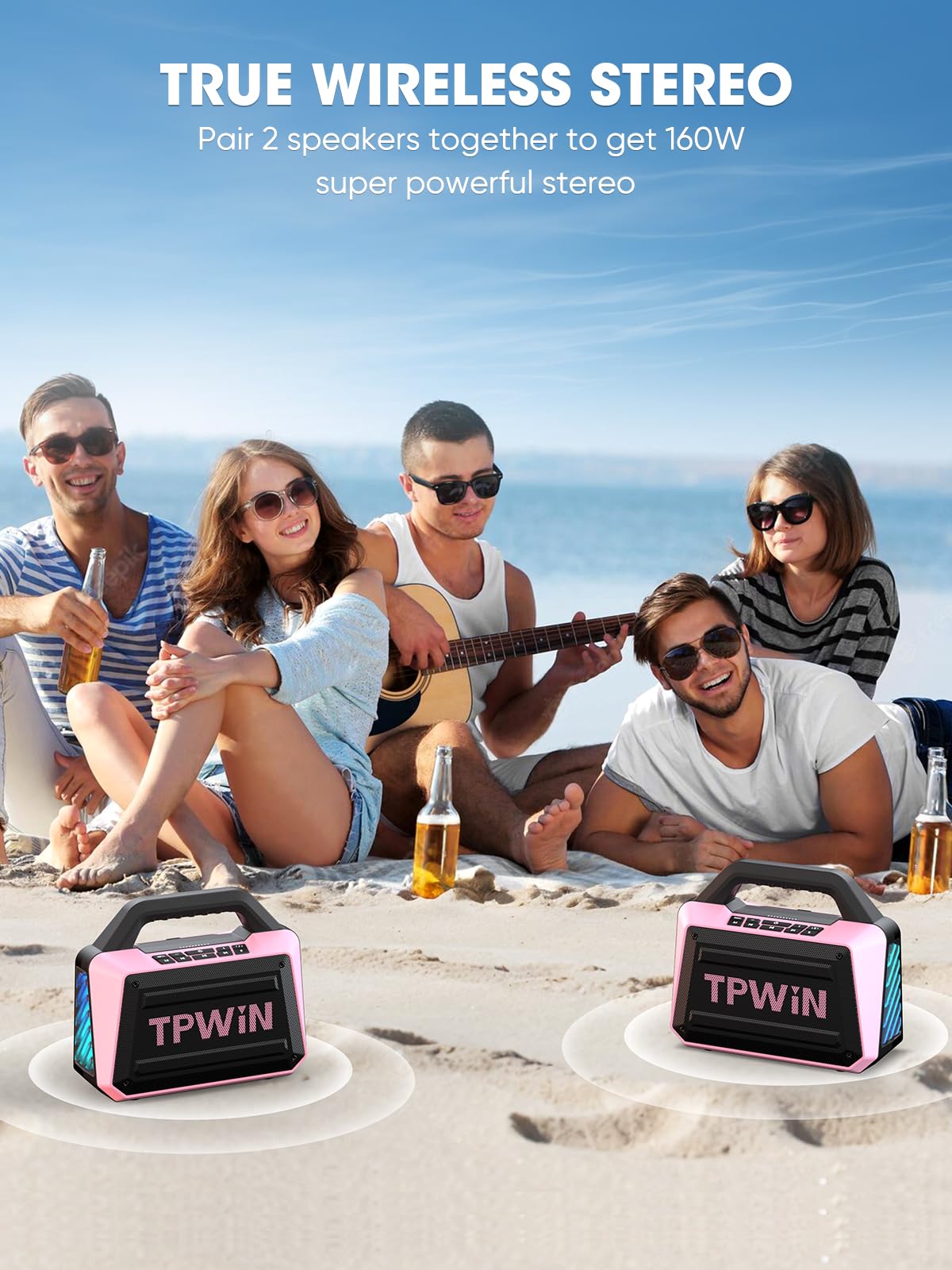 TPWIN Wireless Bluetooth Speakers - Portable Speaker 80W Peak, 20H Playtime, Light Shows, Loud Speaker with Strong Bass, BT 5.3, TWS, IPX6 Waterproof for Home Travel Outdoor Beach Camping - Pink