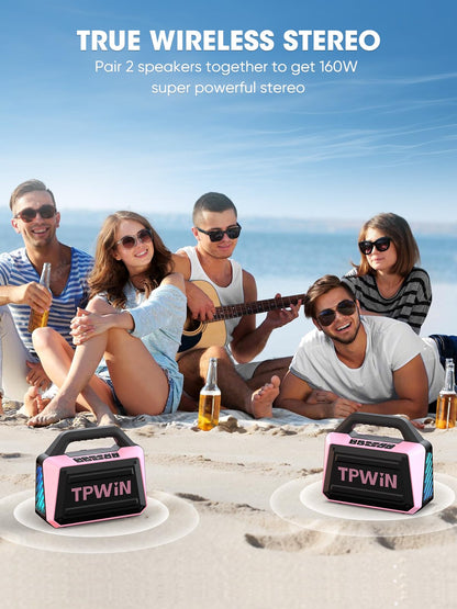 TPWIN Wireless Bluetooth Speakers - Portable Speaker 80W Peak, 20H Playtime, Light Shows, Loud Speaker with Strong Bass, BT 5.3, TWS, IPX6 Waterproof for Home Travel Outdoor Beach Camping - Pink