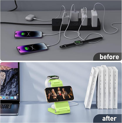 Magnetic Wireless Charger Stand, 3 in 1 Foldable Wireless Charging Station, Travel Charger for Multiple Devices for iPhone 15 14 13 12 Series, Apple Watch Ultra/SE/9/8/7/6/5/4/3/2, AirPods