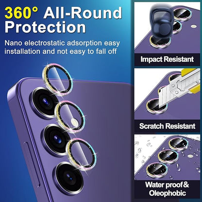 for Samsung Galaxy S24 Camera Lens Protector, Individual Metal Ring Tempered Glass Lens Cover, [Strong Adsorption] Scratch Resistant Ultra-Thin HD Clear Lens Cover, 1 Set-Colorful Sparkly