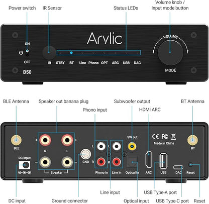 Arylic B50 2 Channel Bluetooth Amplifier with Audio Transmitter, 50W*2 Home Stereo Amplifiers with HDMI ARC,DAC,Phono in and Free APP. Support aptX HD Music Transmission & Reception.