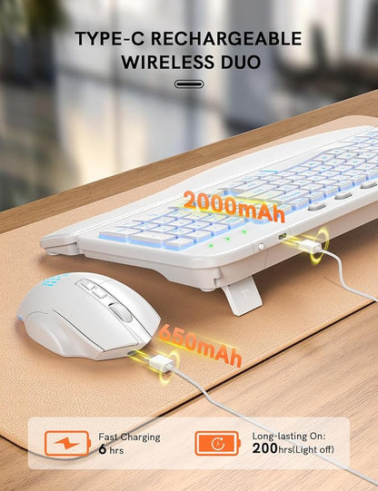 SABLUTE Ergonomic Wireless Keyboard and Mouse Combo - Wave Keyboard with Soft Leather Wrist Rest, Resistant Keys, RGB Backlit Rechargeable Set for PC/Mac/Chromebook (White)