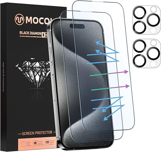 MOCOLL JUST FOR QUALITY MOCOLL for iPhone 15 Pro Screen Protector Blue Light [6.1"] with Camera Lens Protector,【 Eye Protection】Anti Blue Light Tempered Glass for 15 Pro Screen Protector (2+2 Packs)