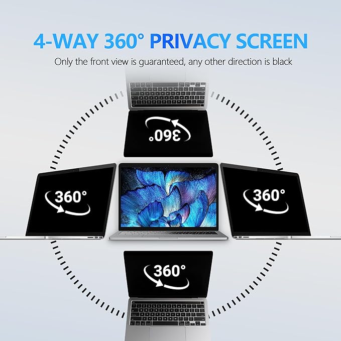 4-Way Laptop Privacy Screen Shield 13.3 Inch, Removable 16:9 Aspect 360° Privacy Filter Screen Protector for 13.3 Inch Laptop Computer, Anti Glare Blue Light Slide Mount Tabs Cover for Generic Laptop