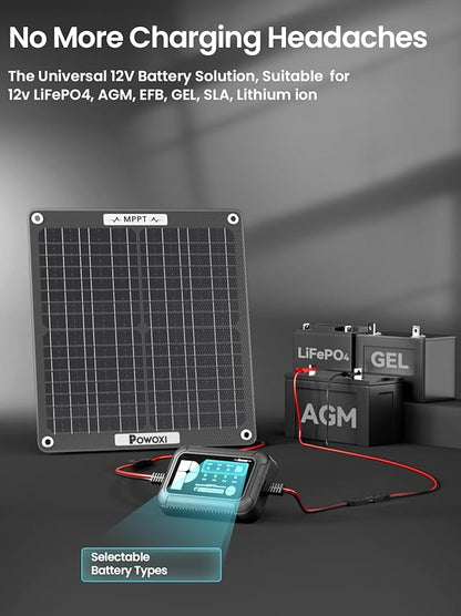 POWOXI 30W Solar Battery Charger: 12V Solar Car Battery Trickle Maintainer - with MPPT Controller Parameter Adjustable - for RV Boat Marine Motorcycle Trailer Truck Tractor - Solar Panel Kit