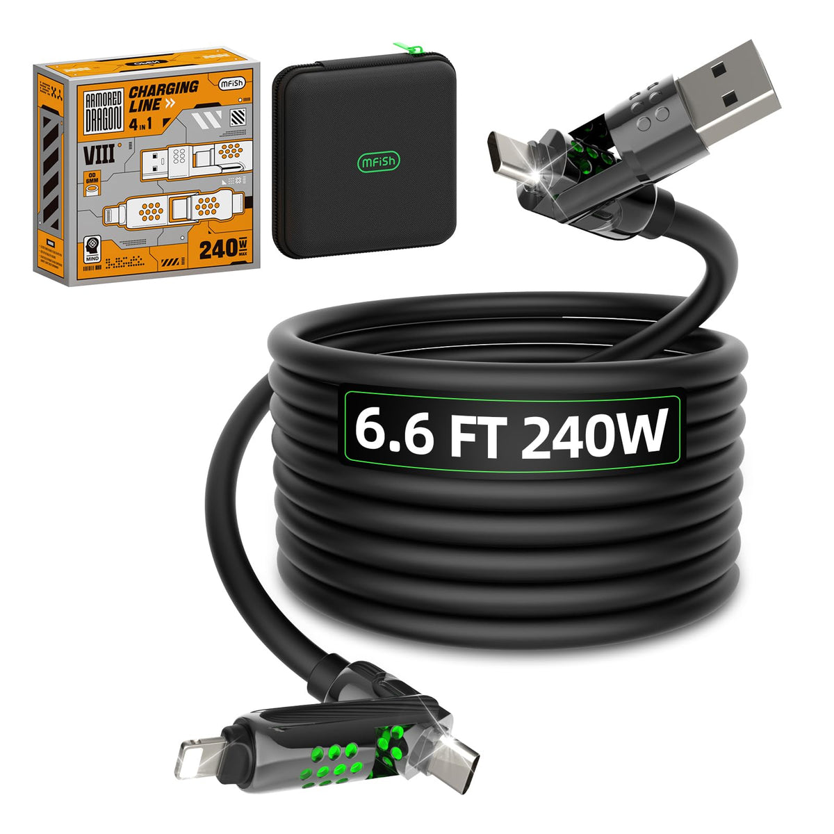 MFish Coiled 4 in 1 USB C Cable, 6.6FT Fast Charging Cable